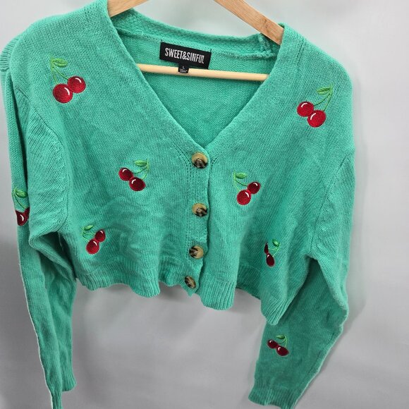 Sweet & Sinful Green Red Cherry Embroidery V-Neck Button Front Cardigan Large - Picture 1 of 14